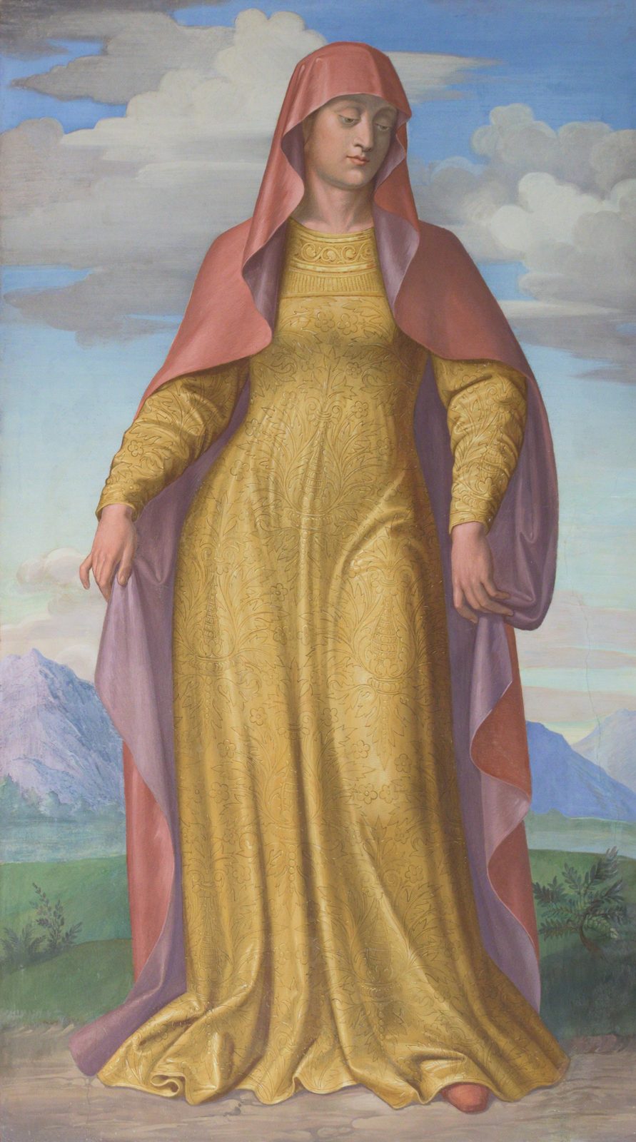 A painted standing portrait of a woman in a long golden gown and red mantle, a landscape behind.
