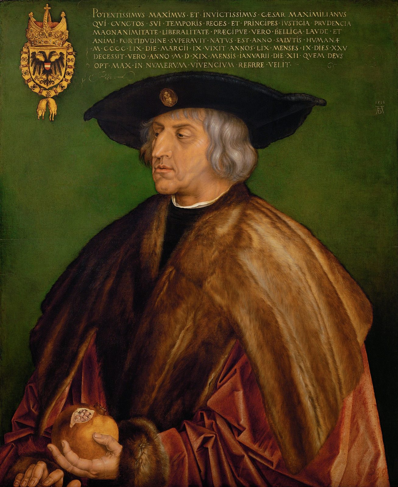 A painted half-length portrait of an older man in a black hat and fur collar holding a pomegranate.