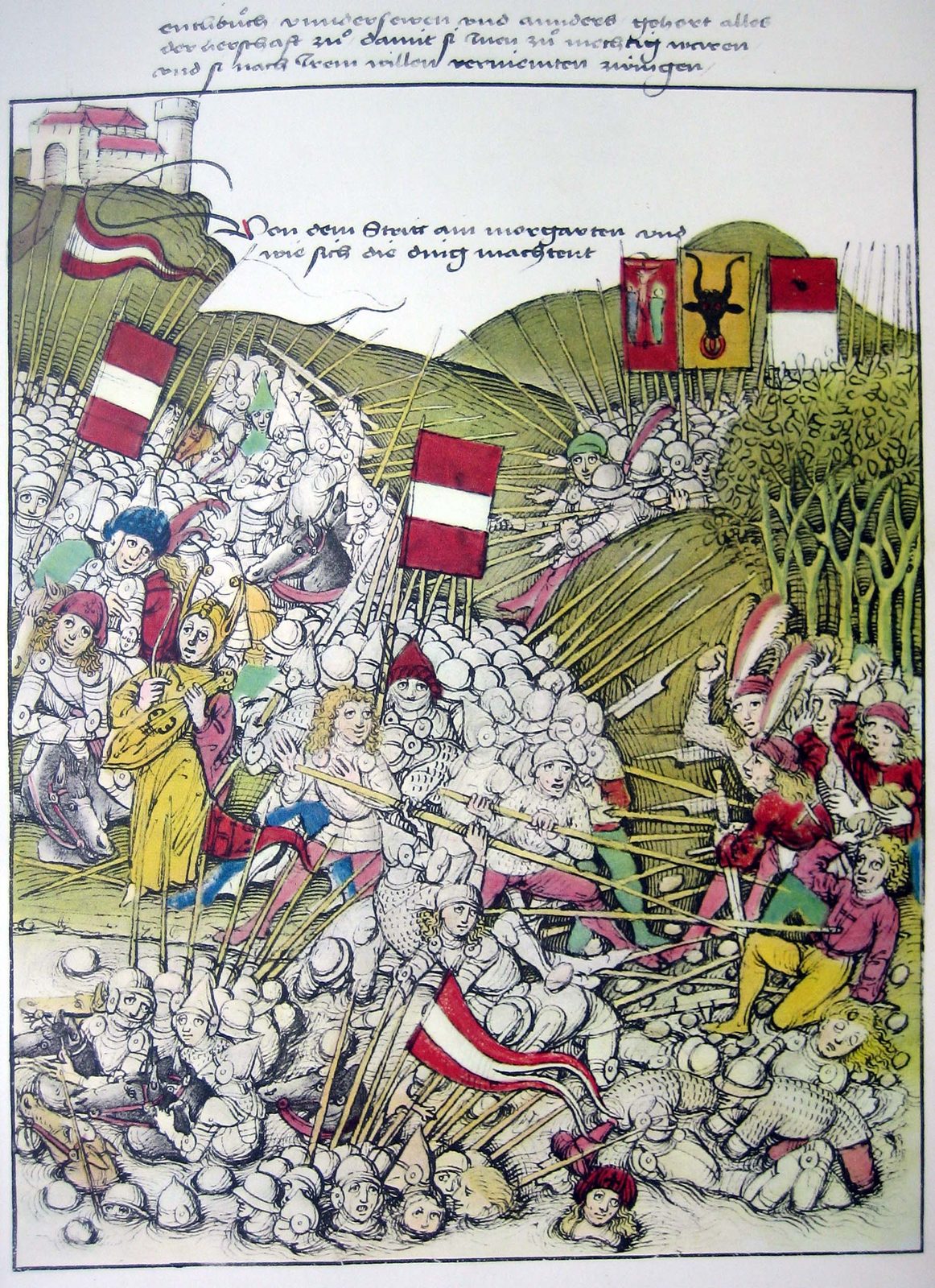 A manuscript miniature of men hurling rocks and charging down a slope onto knights trapped beside a lake.