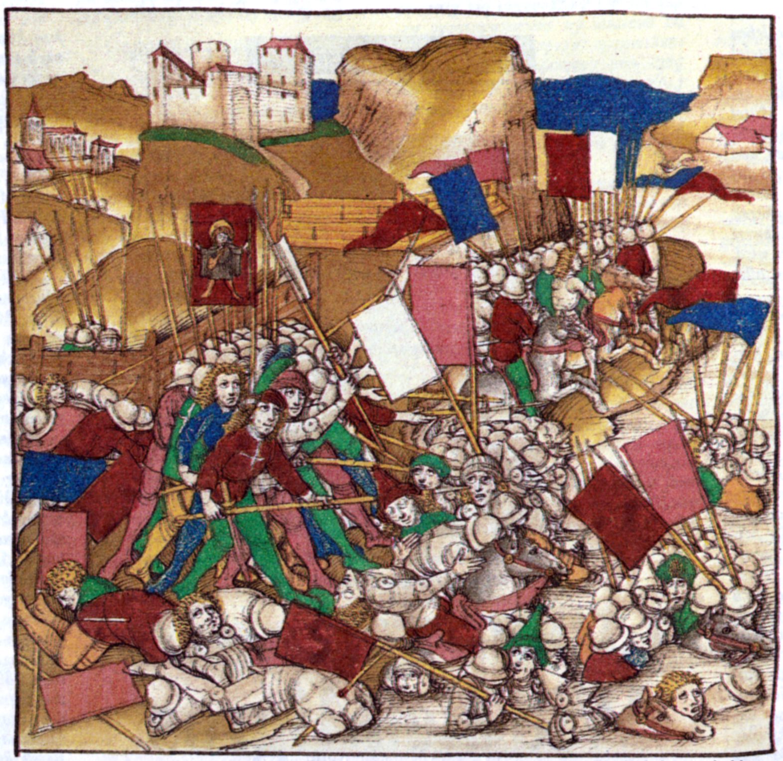 A manuscript miniature of men with banners charging Austrian knights who fall and drown in a river.
