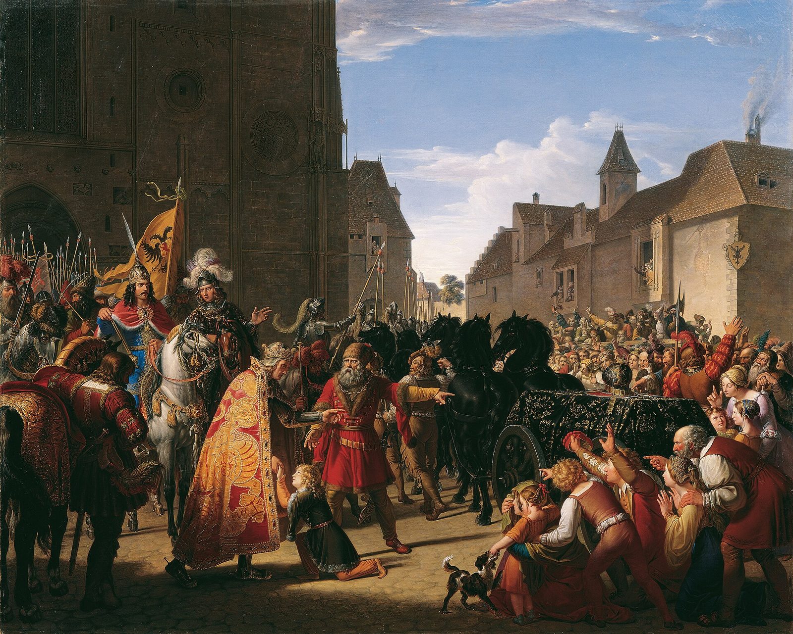 A painting of a young man kneeling before a standing emperor in a tent, a body on a bier behind them.