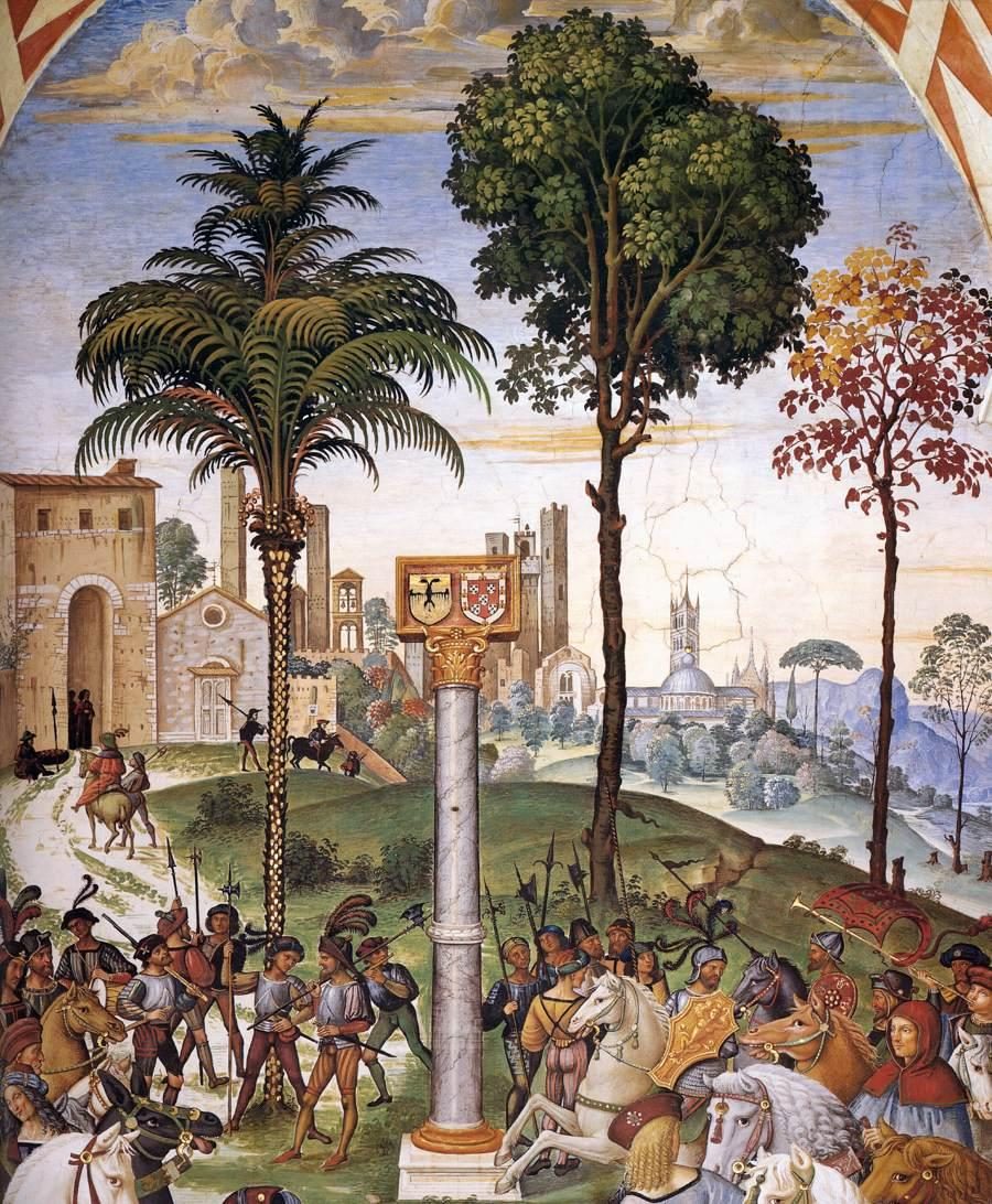 A fresco of a crowd meeting before a city gate around a column, an emperor and a princess at the centre, trees above.