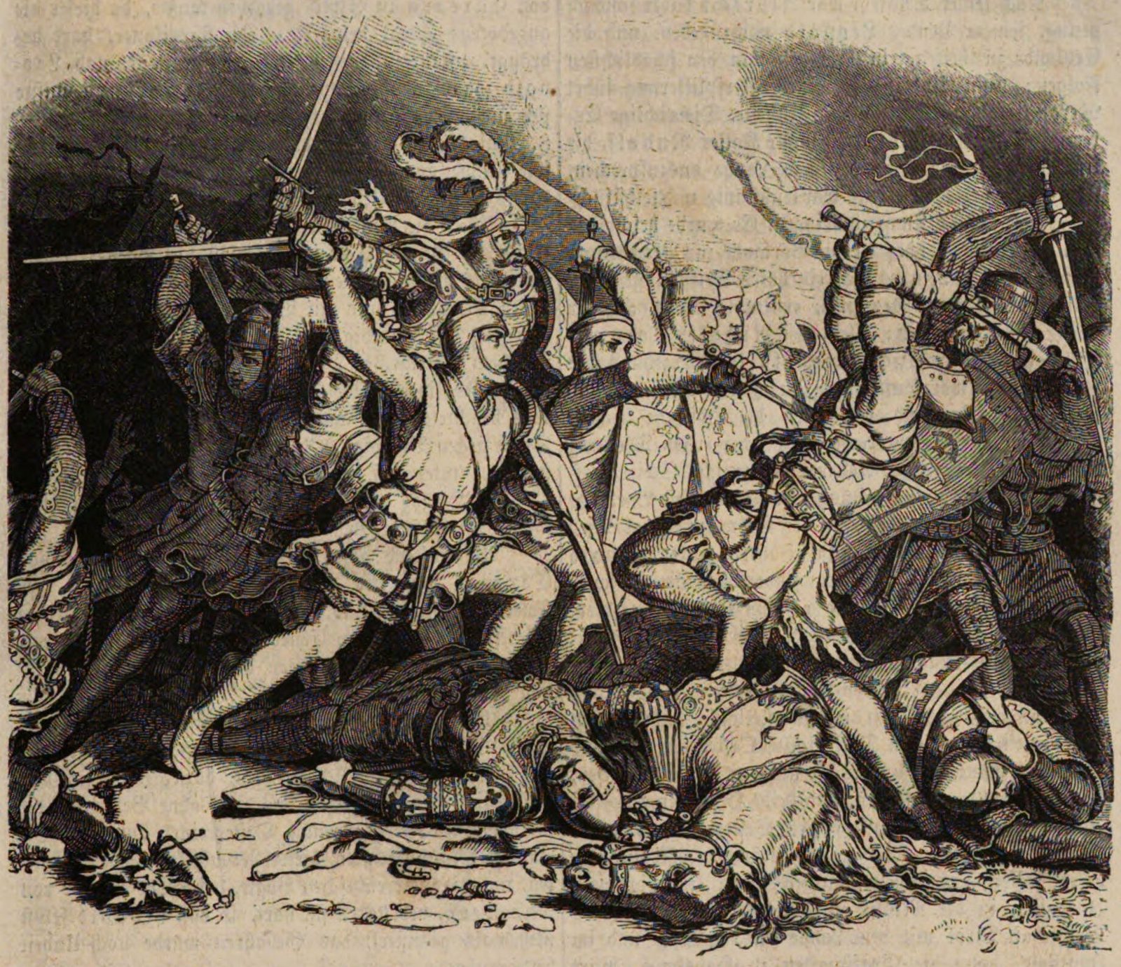 An engraving of knights in plate armour fighting on foot and horseback.