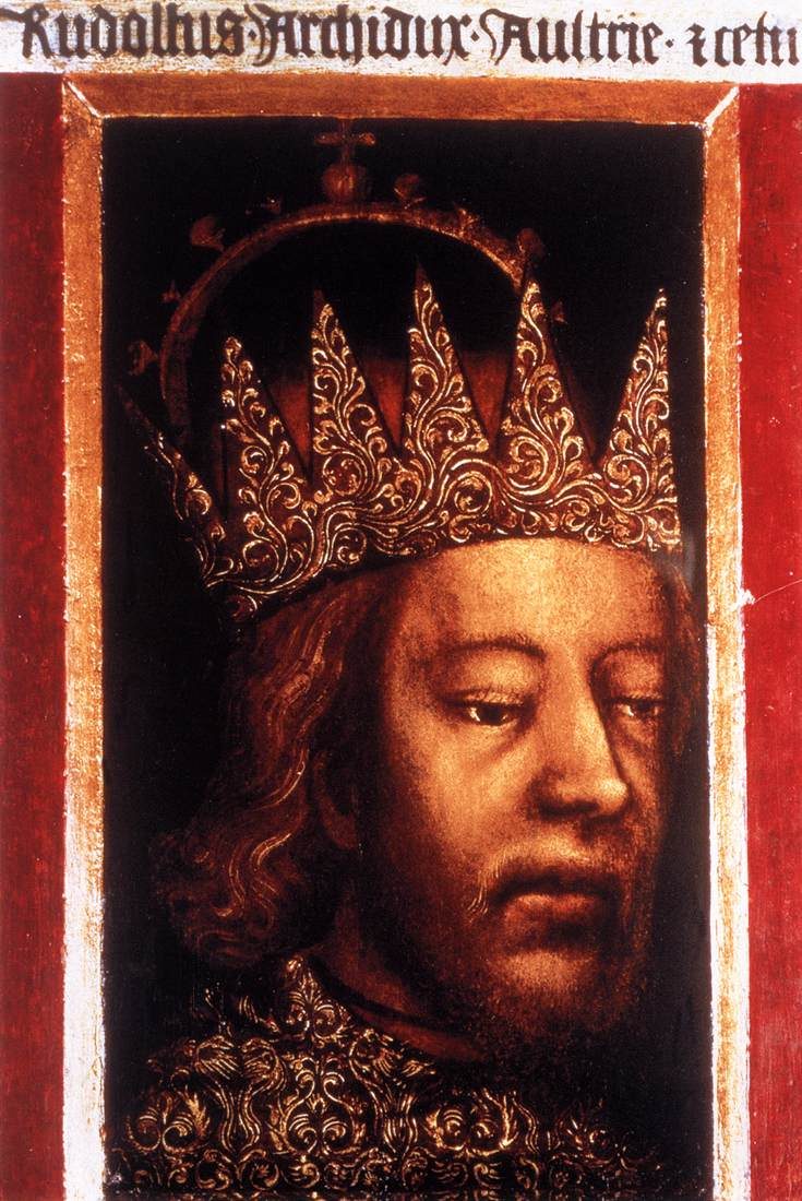 A painted head-and-shoulders portrait of a young man in a jewelled crown, a Latin legend above.