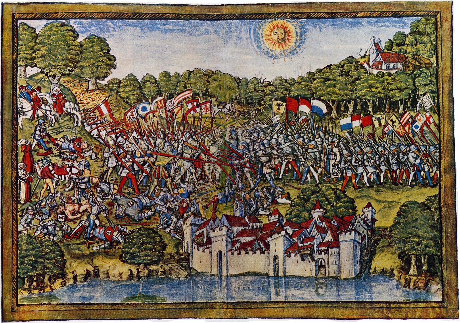 A watercolour of two armies clashing on a slope above a walled town and a lake.