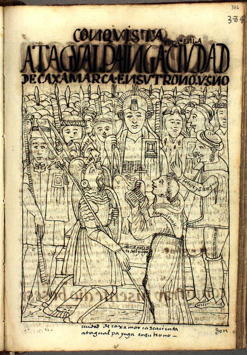 A manuscript drawing of an Inca seated on a throne surrounded by a crowd of attendants.