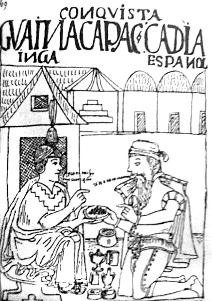 A manuscript drawing of an Inca seated in a doorway handing a dish to a kneeling, bearded Spaniard.