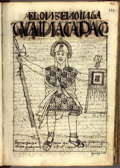 A manuscript drawing of an Inca ruler in a patterned tunic holding a halberd and a shield.
