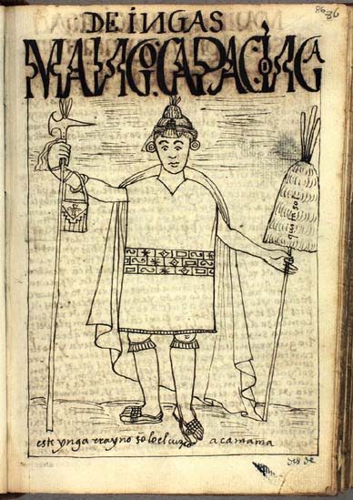 A manuscript drawing of an Inca ruler holding a staff and a fringed parasol.