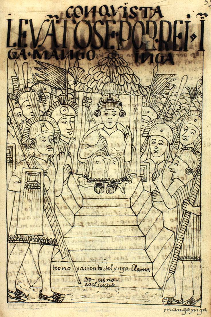 A manuscript drawing of an Inca seated on a raised throne at the top of steps, surrounded by attendants.