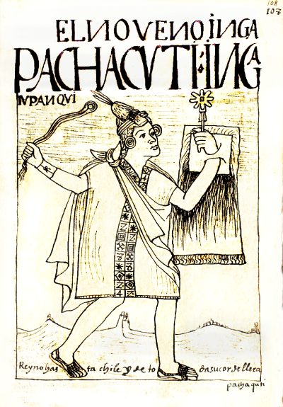 A manuscript drawing of an Inca ruler swinging a sling and holding a shield.