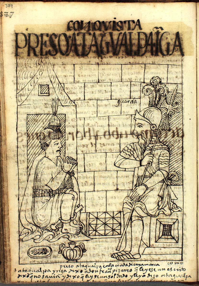 A manuscript drawing of a chained Inca seated in a room, a Spanish guard in armour sitting opposite.