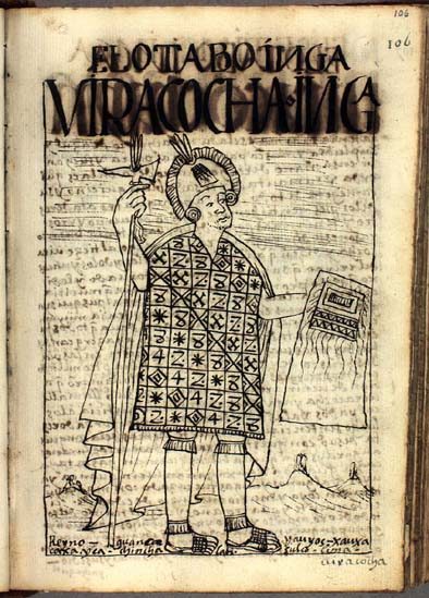 A manuscript drawing of an Inca ruler in a checkered tunic holding a sling and a shield.