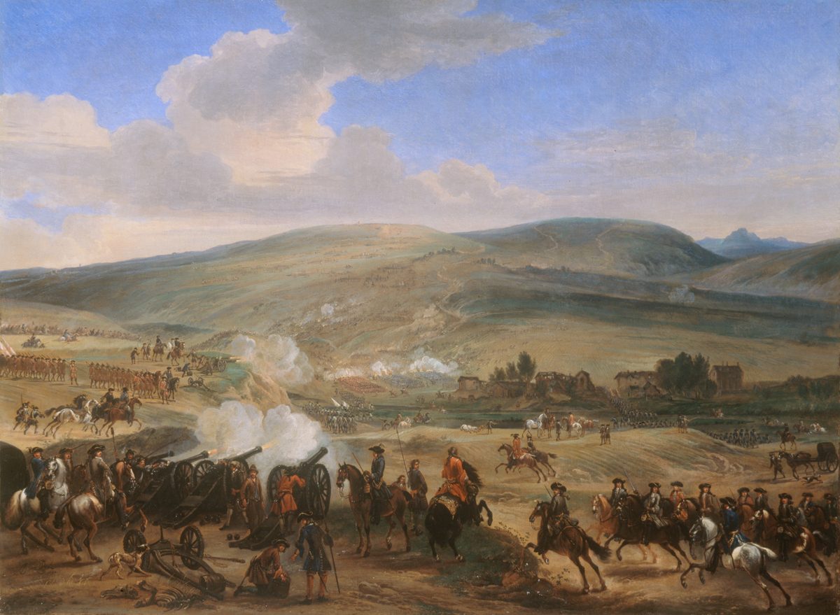 A painting of cavalry and artillery on a plain beside a river, hills behind.