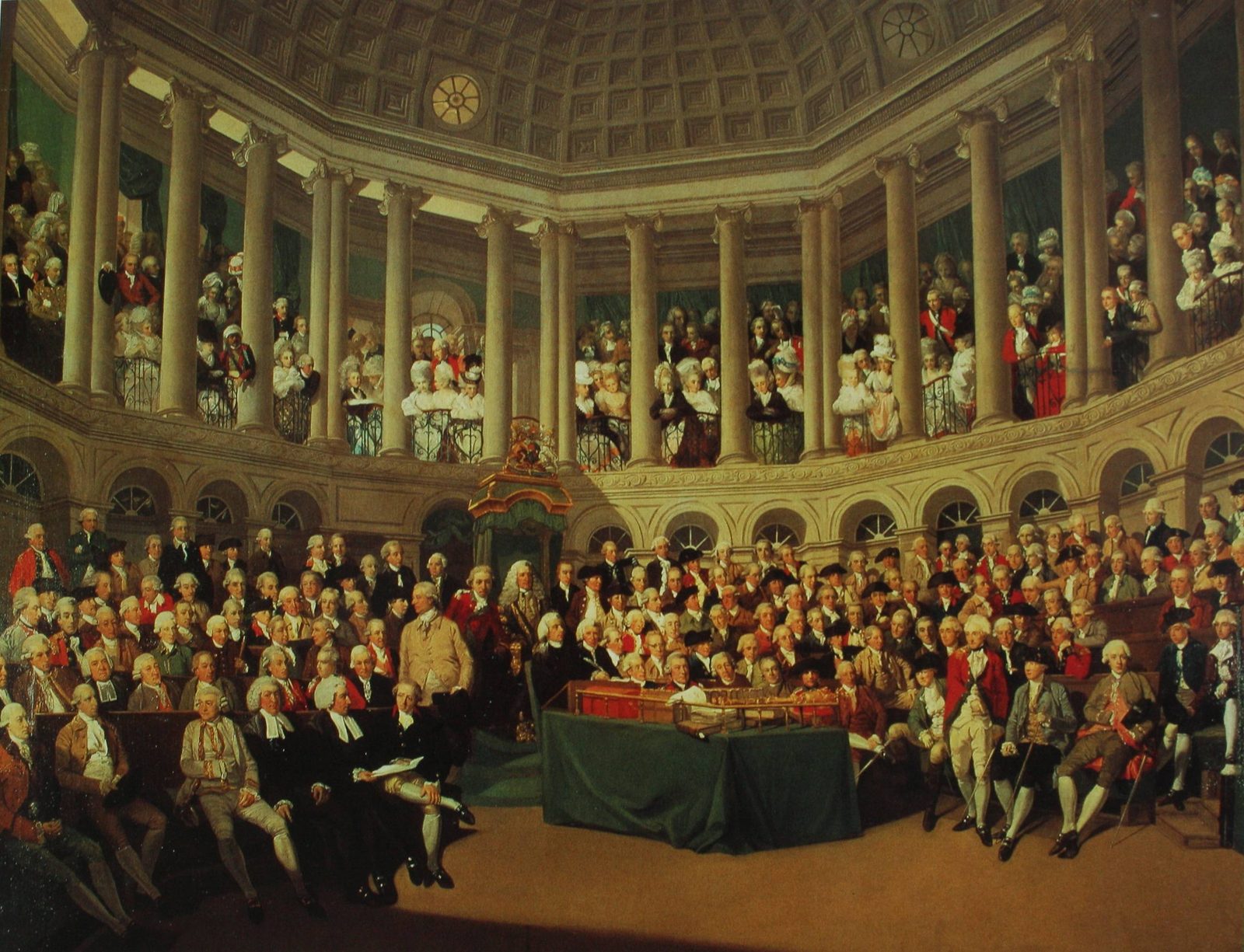 A painting of a domed debating chamber crowded with members, spectators filling the galleries.
