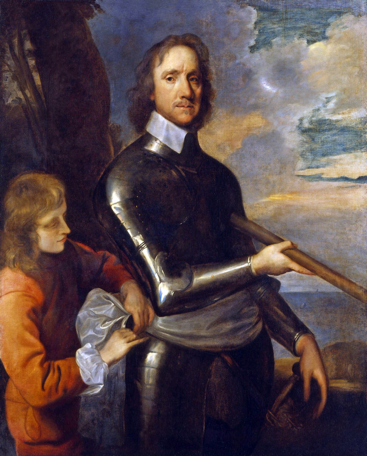 A portrait of a man in armour while a page ties his sash.