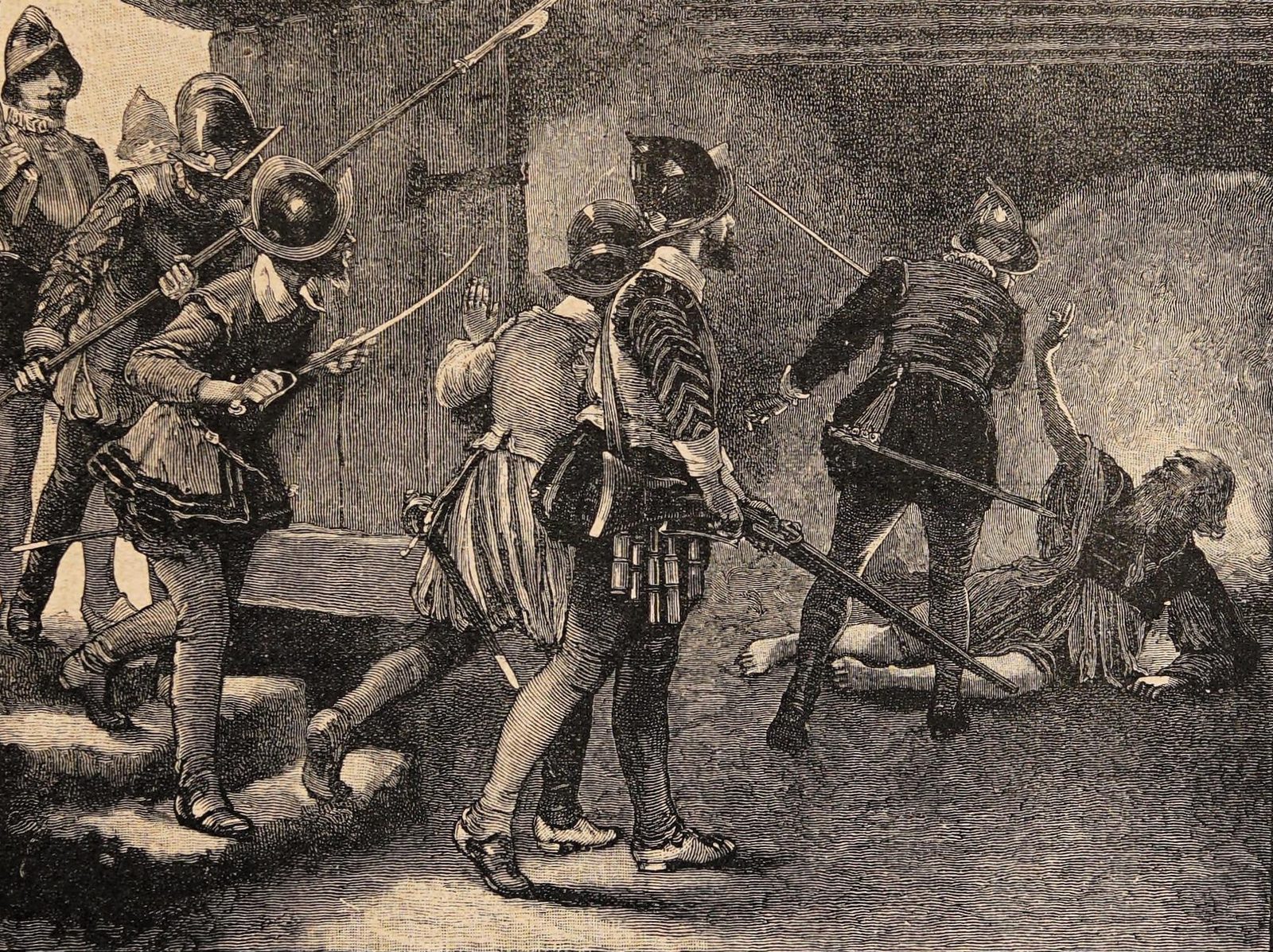 An engraving of helmeted men bursting into a hut and attacking a man on the ground.