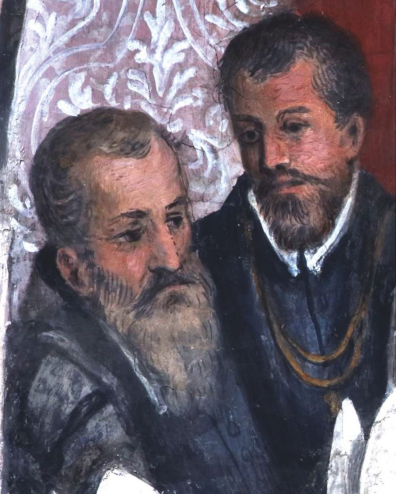 A fresco detail of two bearded men, the older one's beard streaked with white.