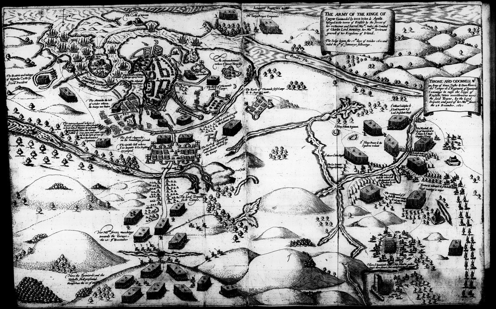 A pictorial map of a walled town by a harbour, with camps, trenches and troops on the hills around it.