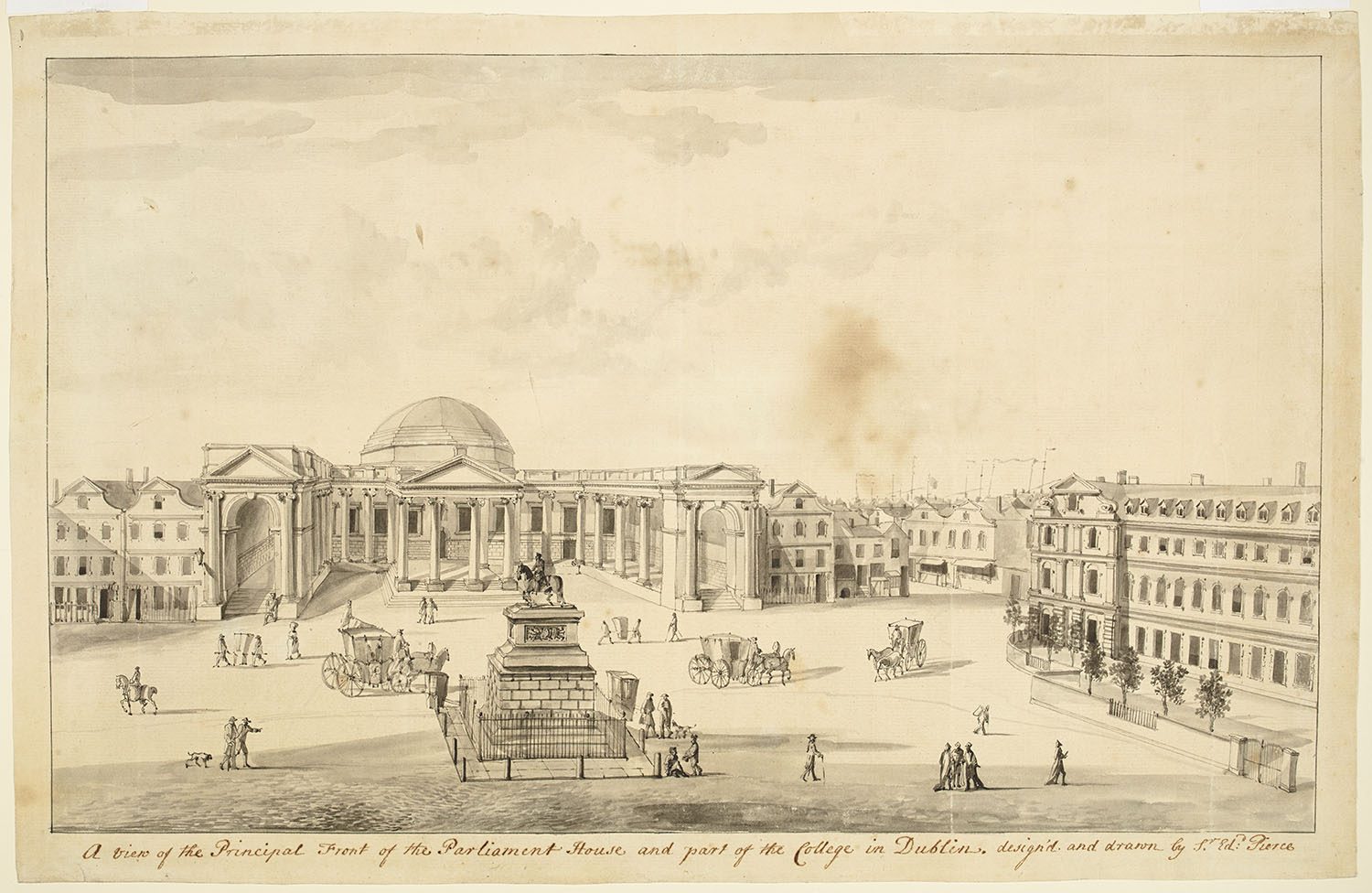 A drawing of a domed parliament building facing a square with an equestrian statue and carriages.