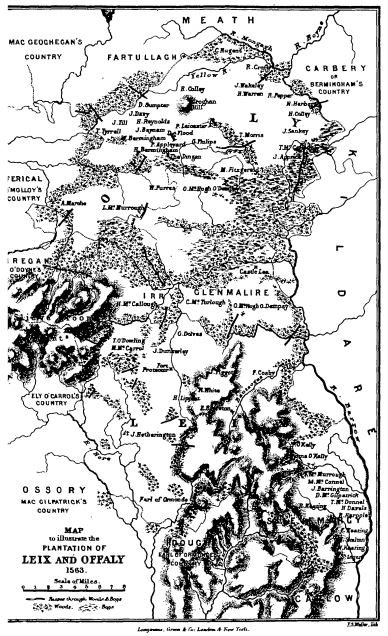 A black-and-white map of Leix and Offaly with forts, woods and Irish territories named.