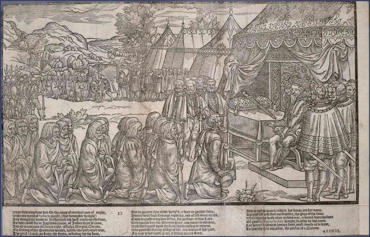 A woodcut of Irish chiefs kneeling before an English lord deputy under a canopy, soldiers and tents behind.