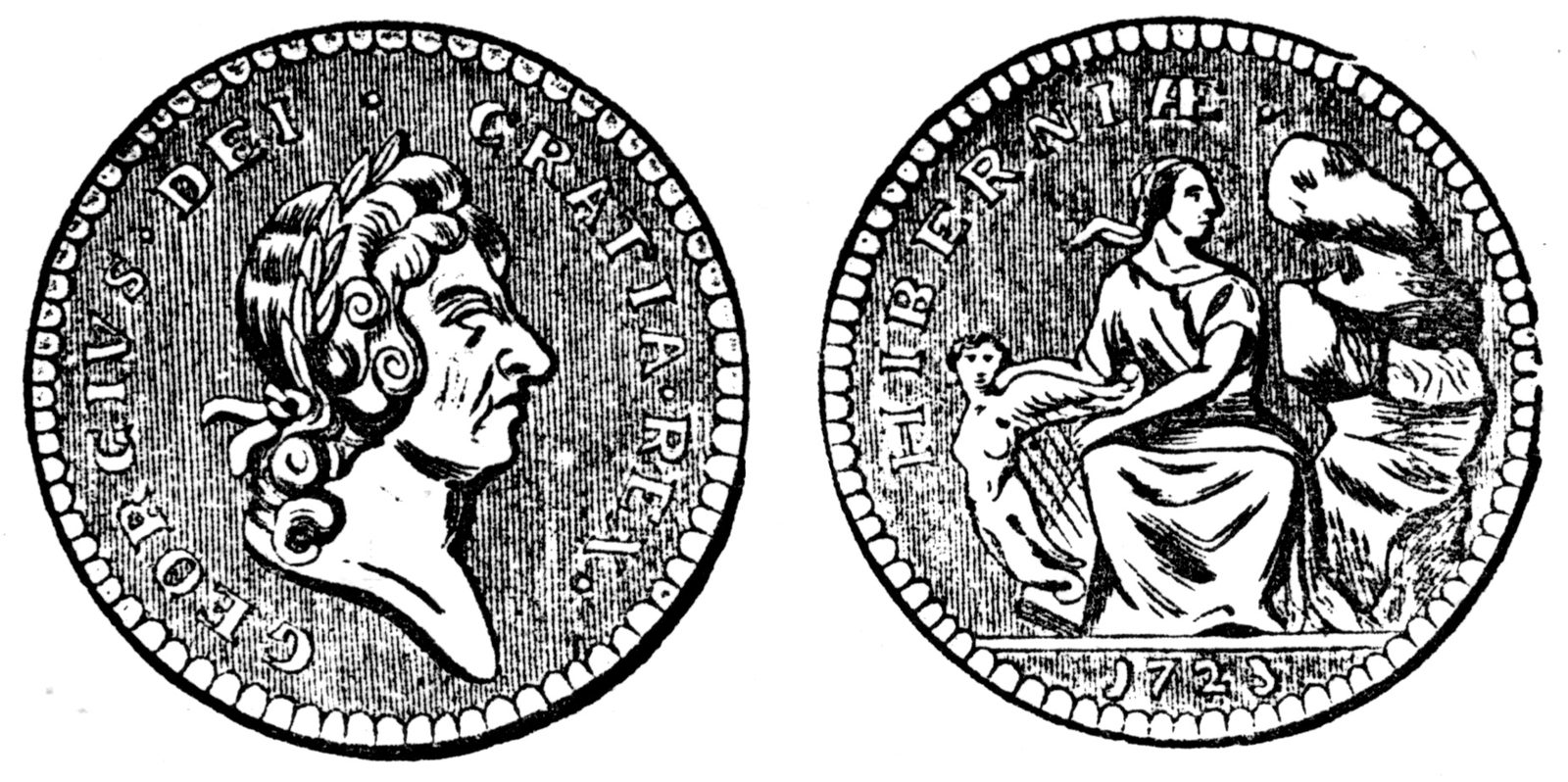 A drawing of both faces of a coin, a laureate head on one side and a seated figure with a harp on the other.