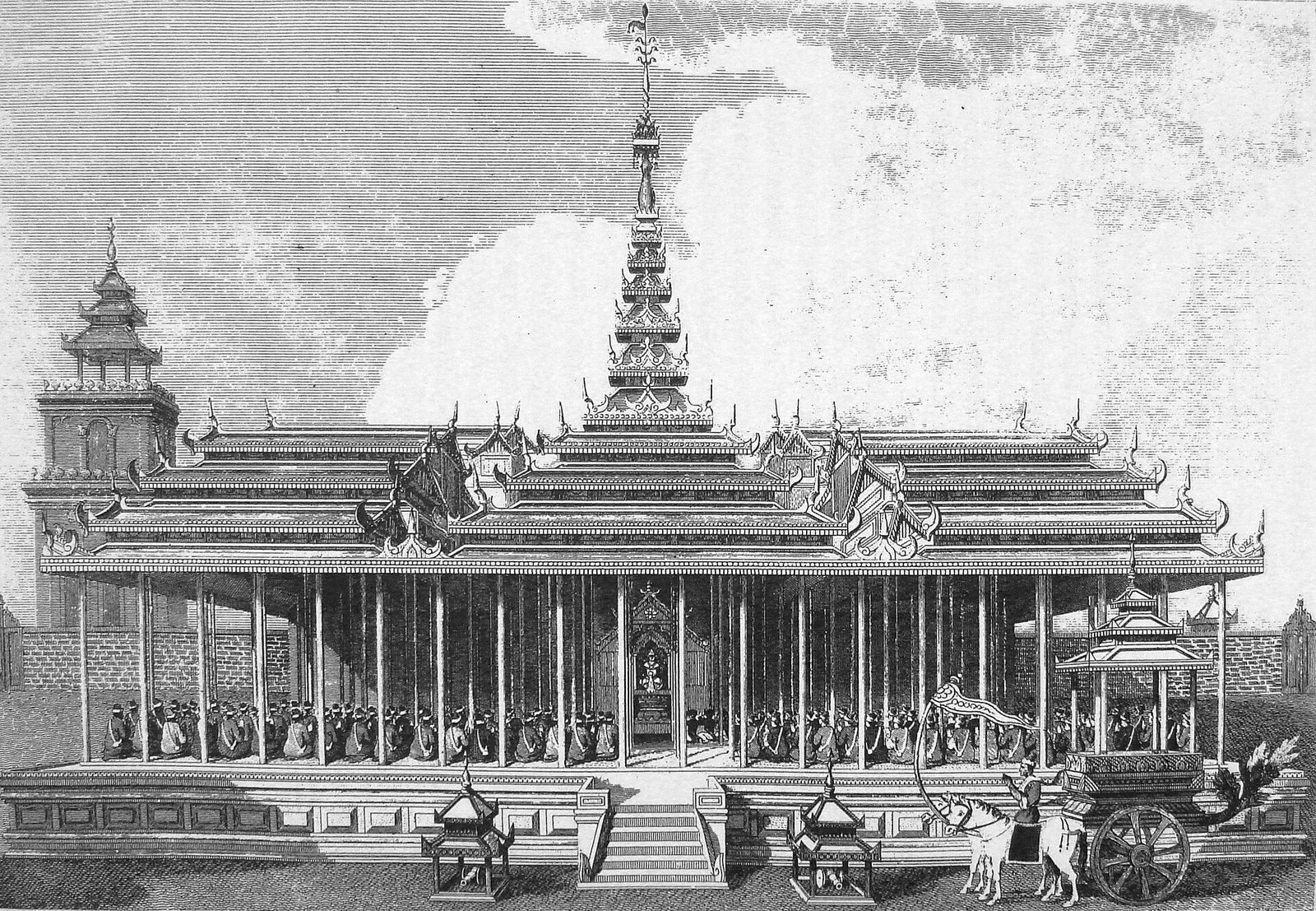 An engraving of a great pillared audience hall with a tall spire and courtiers.