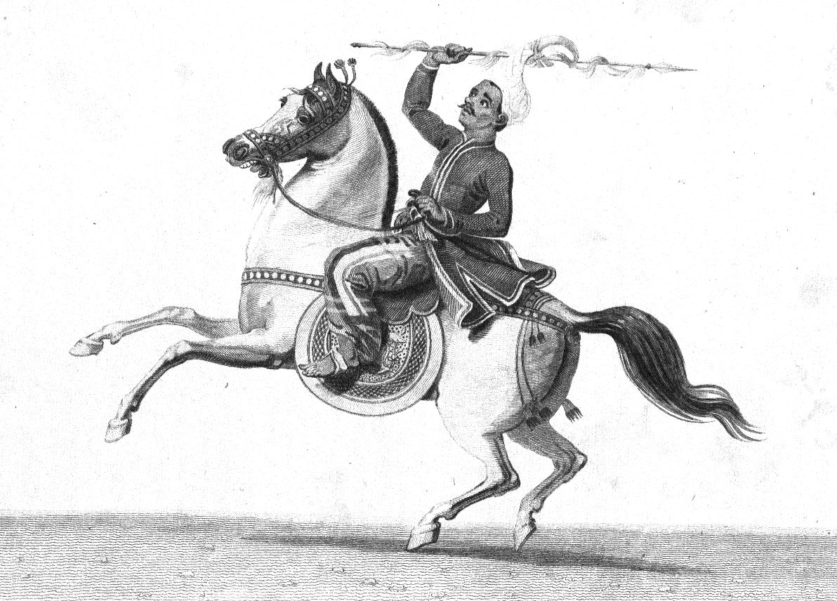 An engraving of a horseman with a spear on a rearing horse.