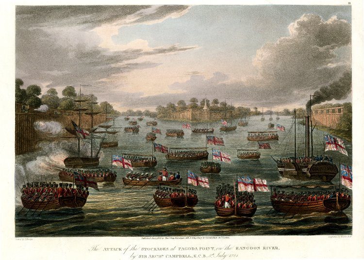 A coloured aquatint of warships and boats attacking stockades on a river bank.