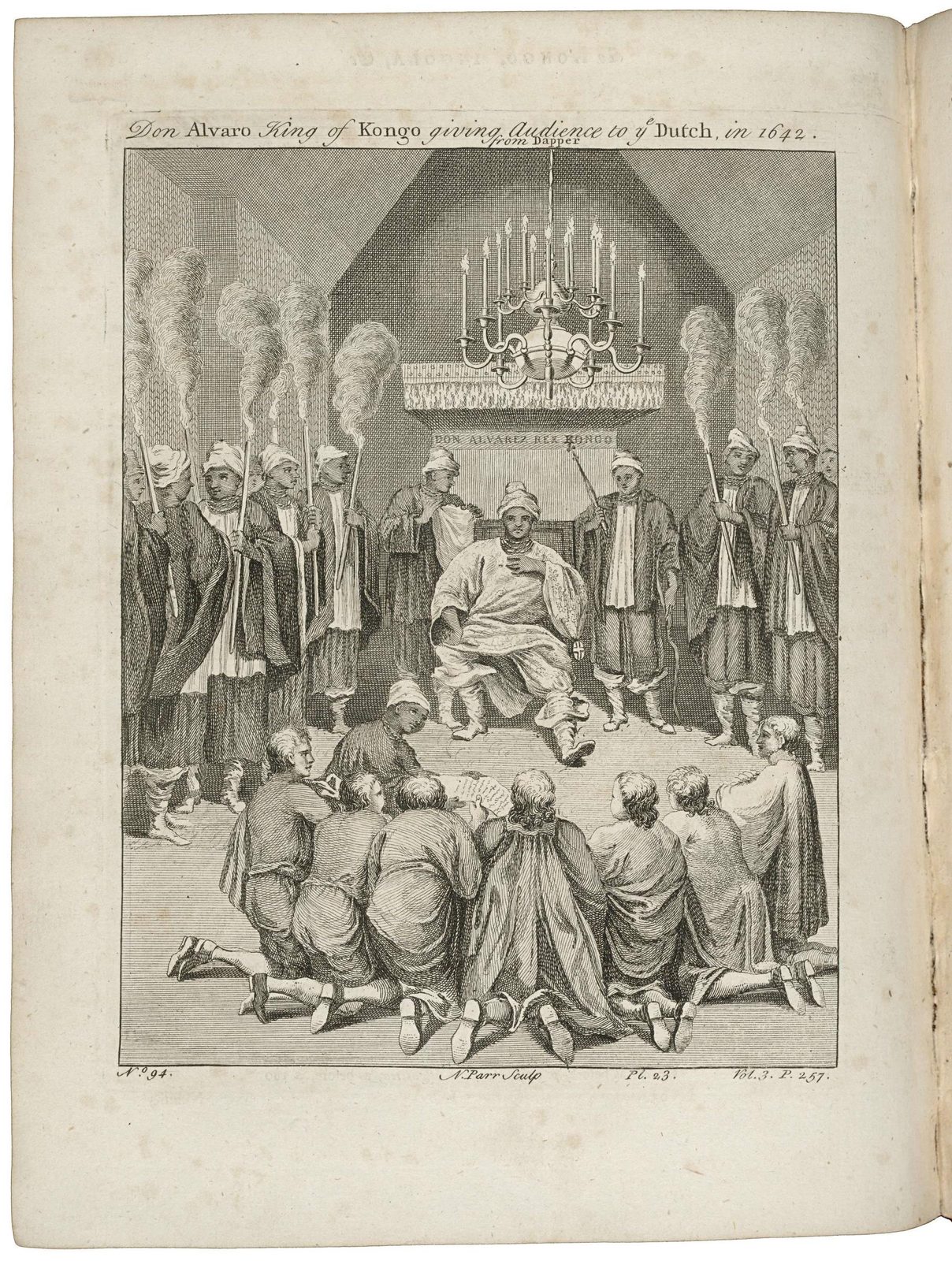 An engraving of a king enthroned under a canopy before a crowd of kneeling envoys, attendants and smoking censers around him.