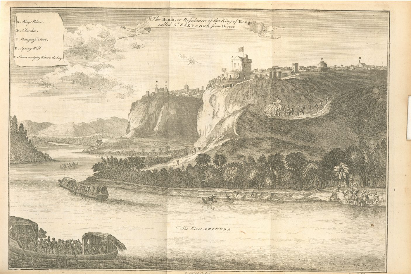 An engraving of a hilltop town with walls and buildings above a river, boats on the water below.