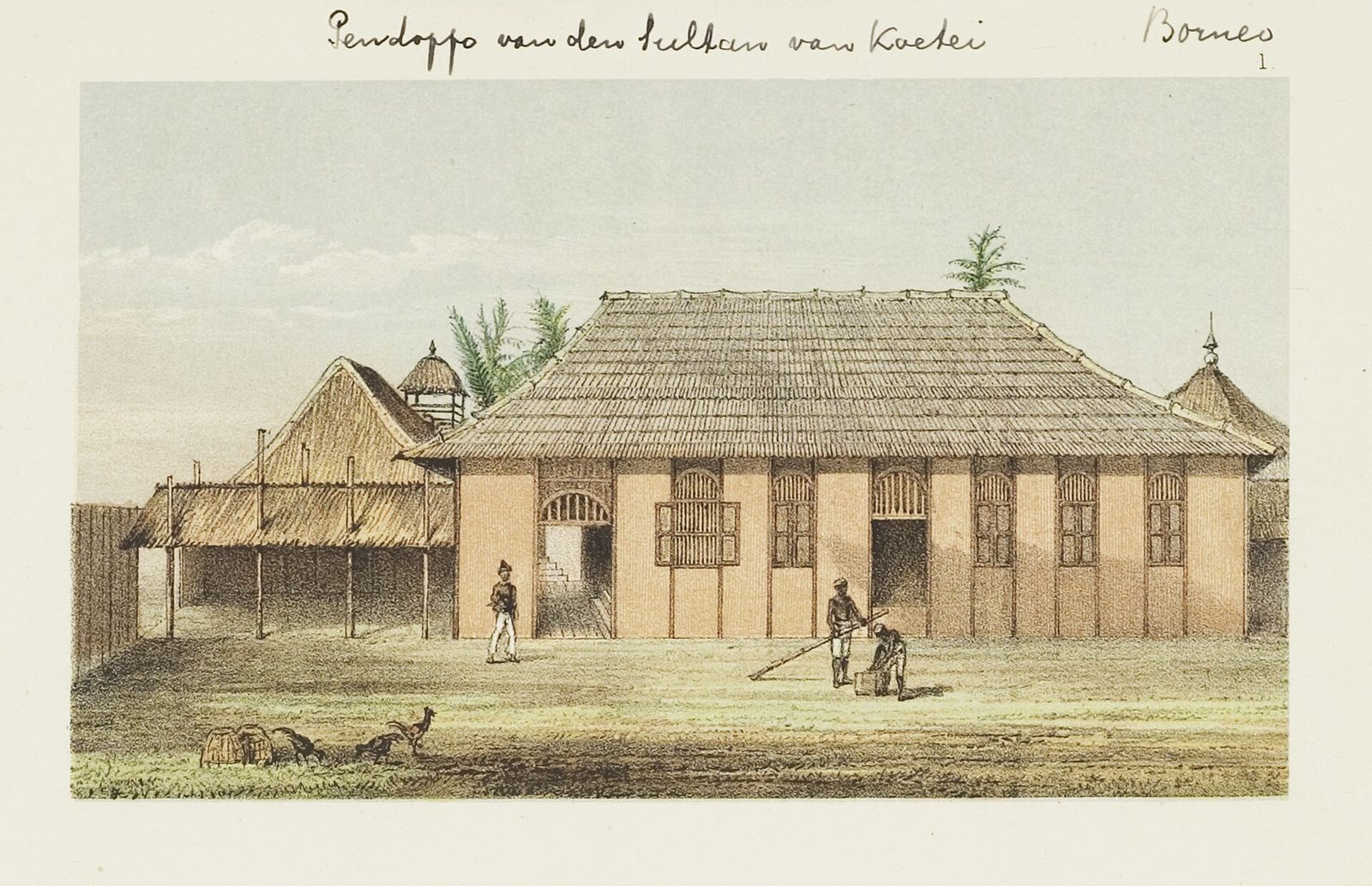A tinted lithograph of a long low timber hall with a steep roof and open front, a few figures in the yard before it and palms behind.