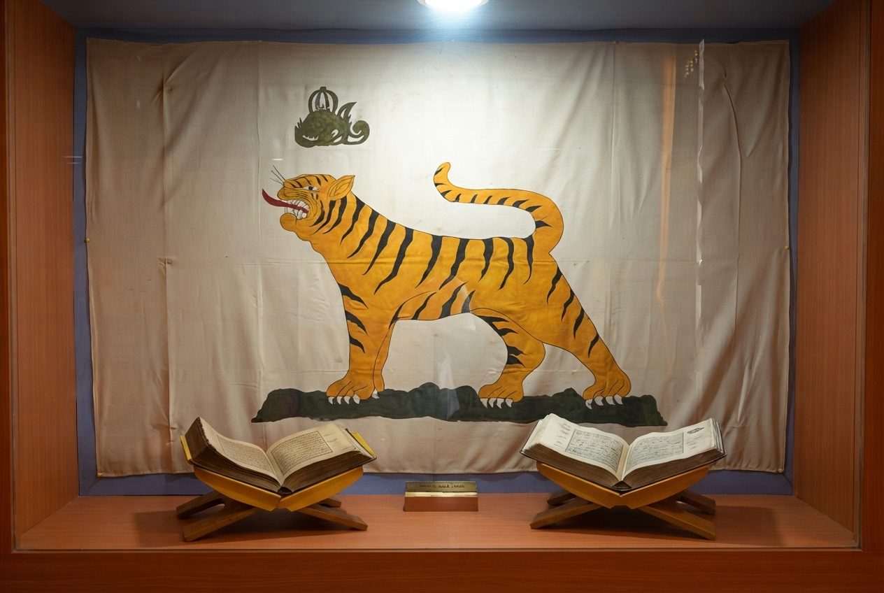 A museum case holding a yellow banner painted with a striding tiger and, in front of it, two open manuscript Qur'ans on wooden stands.