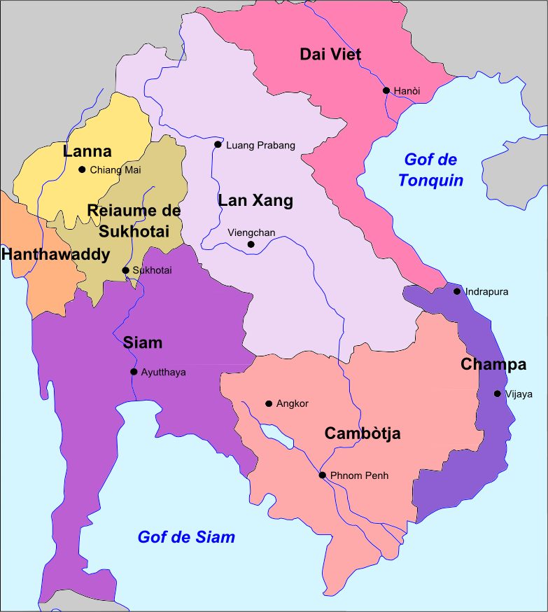A coloured map of mainland Southeast Asia with Lan Xang, Lanna, Siam, Dai Viet and Champa.