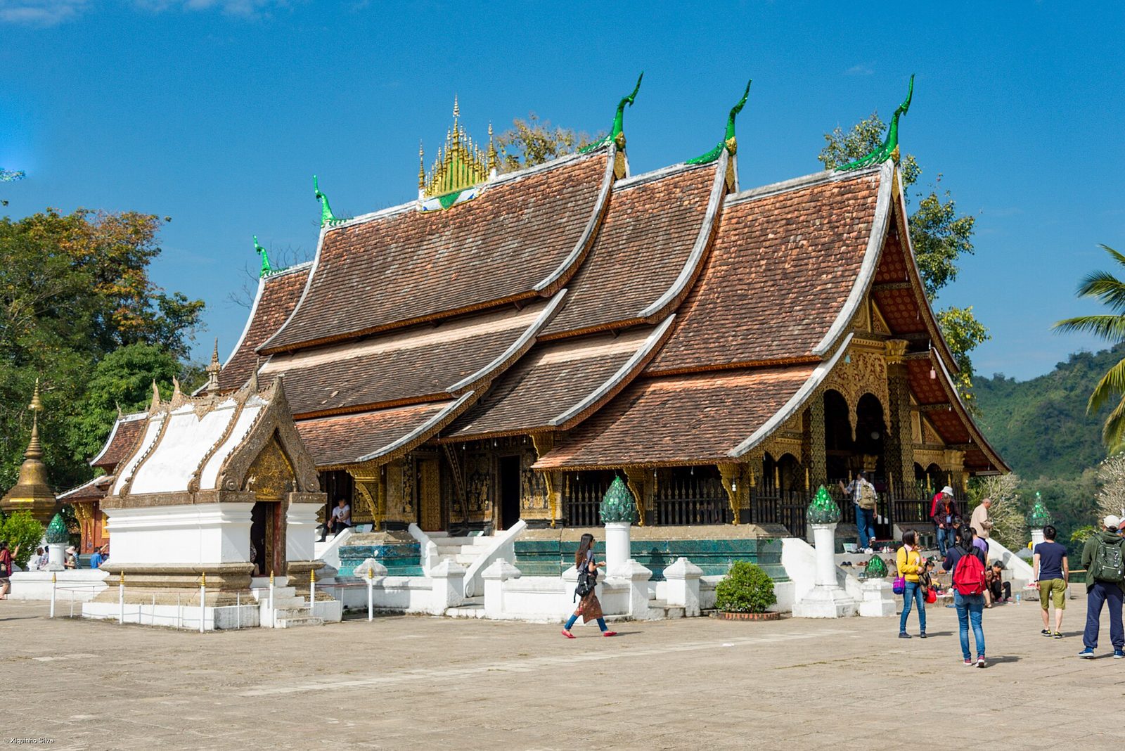 A temple with sweeping layered roofs and visitors in front.