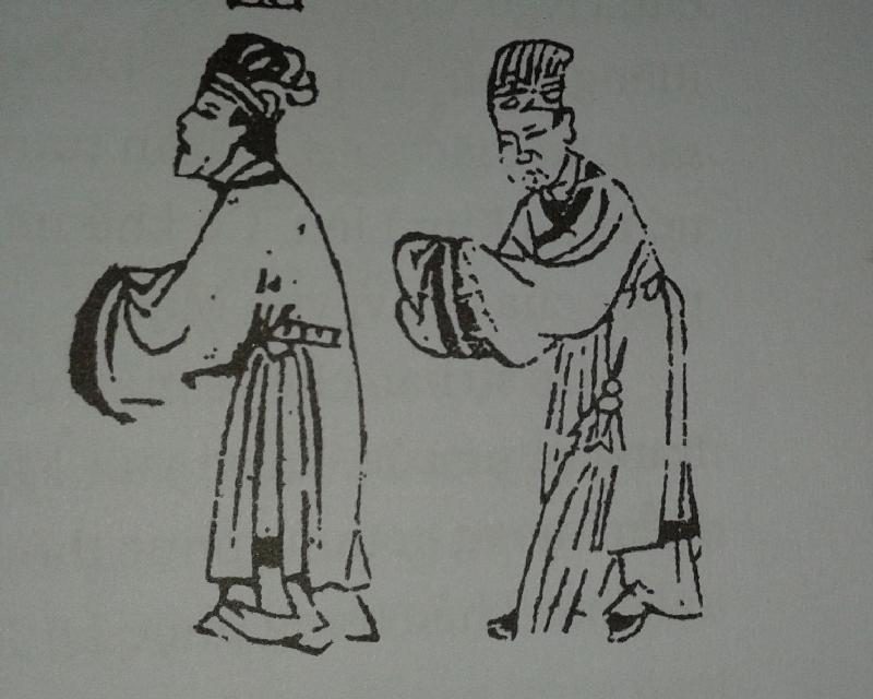 A woodblock drawing of two robed officials in tall hats bowing.