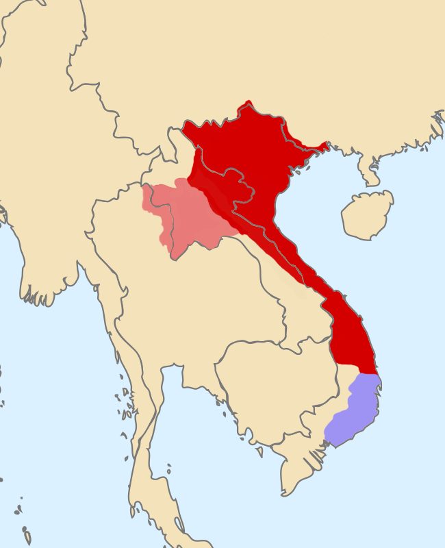 A map of Indochina shading Dai Viet down the coast, with its western dependencies and the remnant Cham lands.