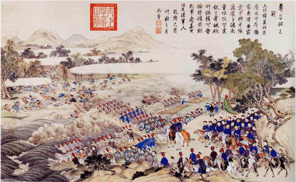 A painting of Qing troops crossing a river and fighting on its banks below hills.