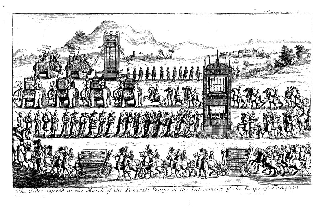 An engraving of a long funeral procession with elephants, litters and banners.