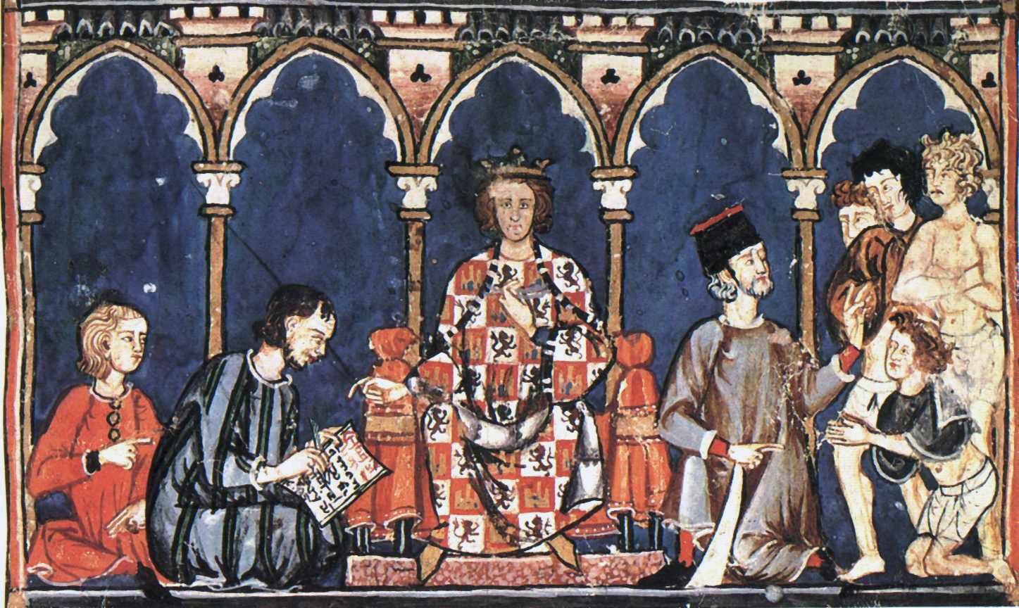 A manuscript miniature of a crowned king seated under an arcade, dictating to scribes and courtiers ranged on either side.