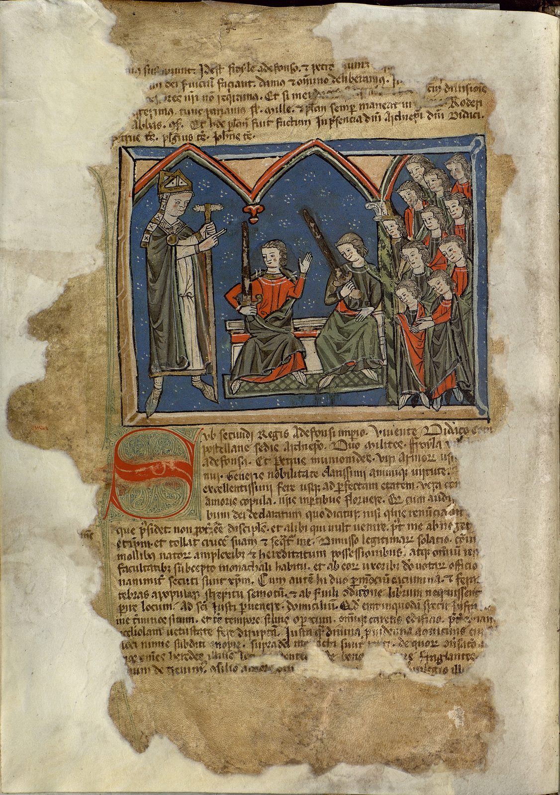 A manuscript miniature of a crowned king seated on a throne, holding a sceptre, within a painted architectural frame above columns of text.