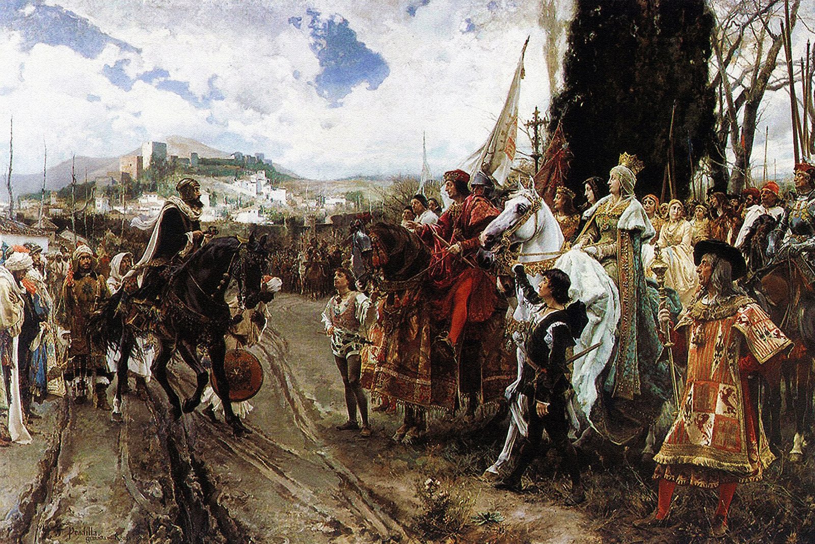 A large painting of a Moorish ruler on horseback surrendering the keys of a city to a mounted king and queen and their armoured retinue, a city on a hill behind.