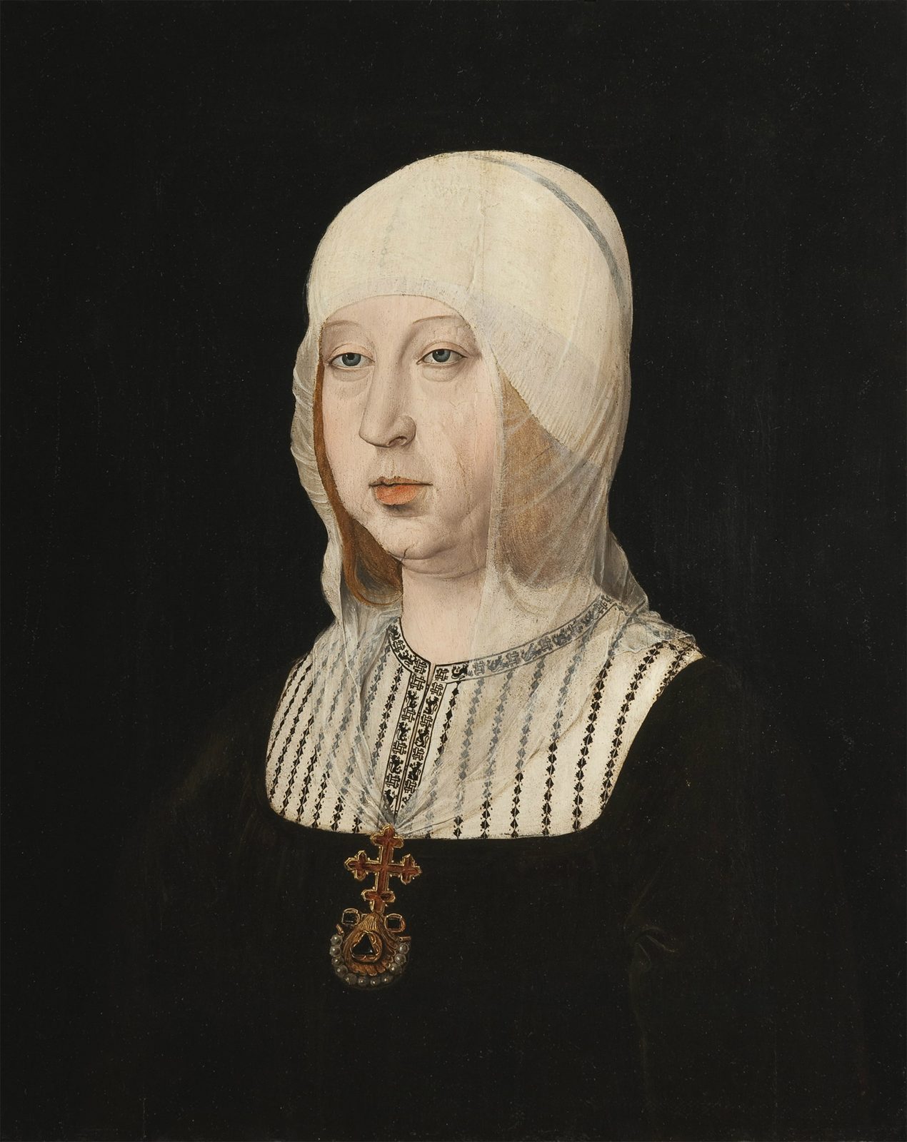 A painted portrait of a woman in a white headdress and a dark gown with a jewel at her neck, against a dark ground.