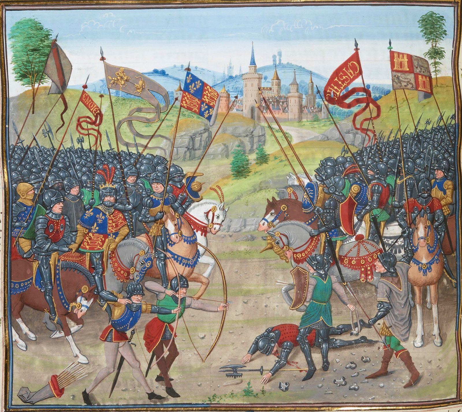 A manuscript miniature of two armies of mounted knights and archers clashing under banners, a walled town on a hill behind.