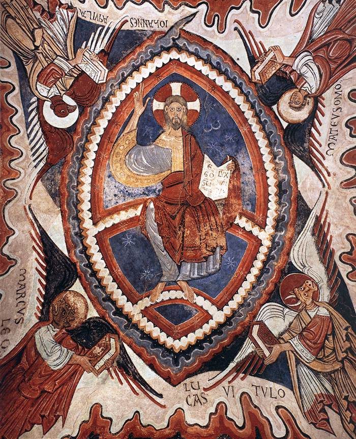 A vault painting of Christ enthroned within an oval glory, surrounded by the symbols of the evangelists in red and ochre.