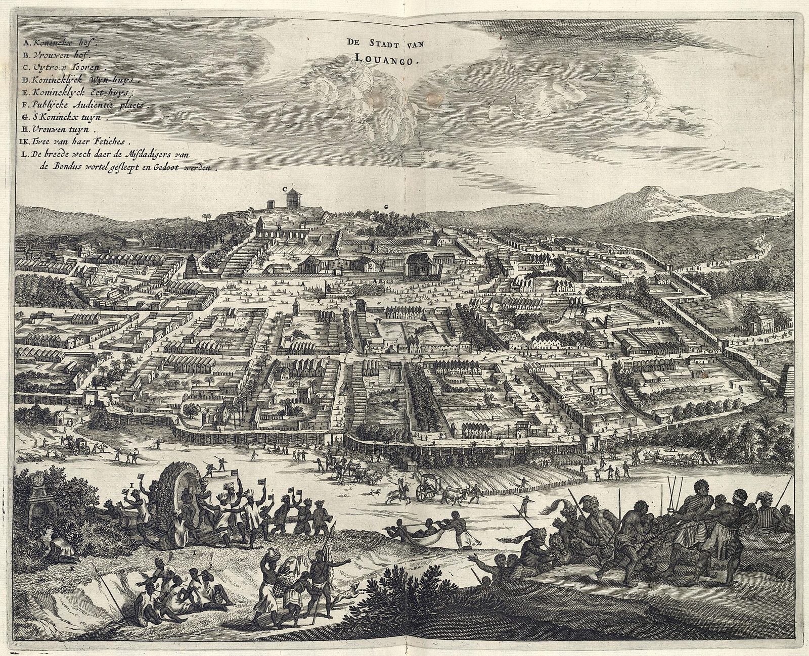 An engraving of a large walled town of regular enclosures and trees on a plain, a keyed legend in the sky.