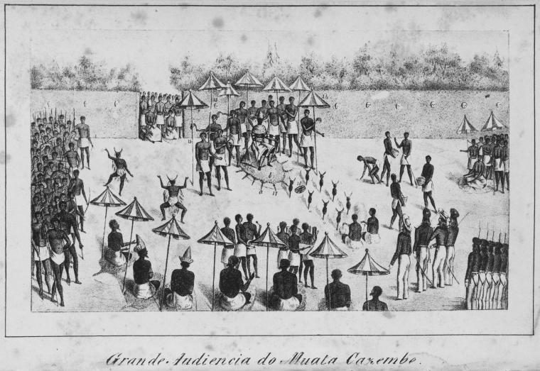 A lithograph of a vast courtyard ringed with soldiers and umbrellas, a ruler seated at the far end receiving a crowd.