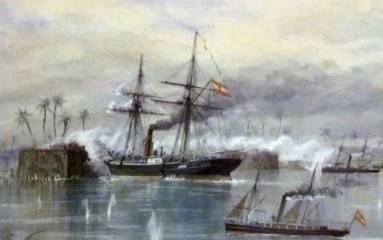 A painting of steam warships flying Spanish flags firing on a riverside stockade, smoke drifting over the water and palms along the bank.