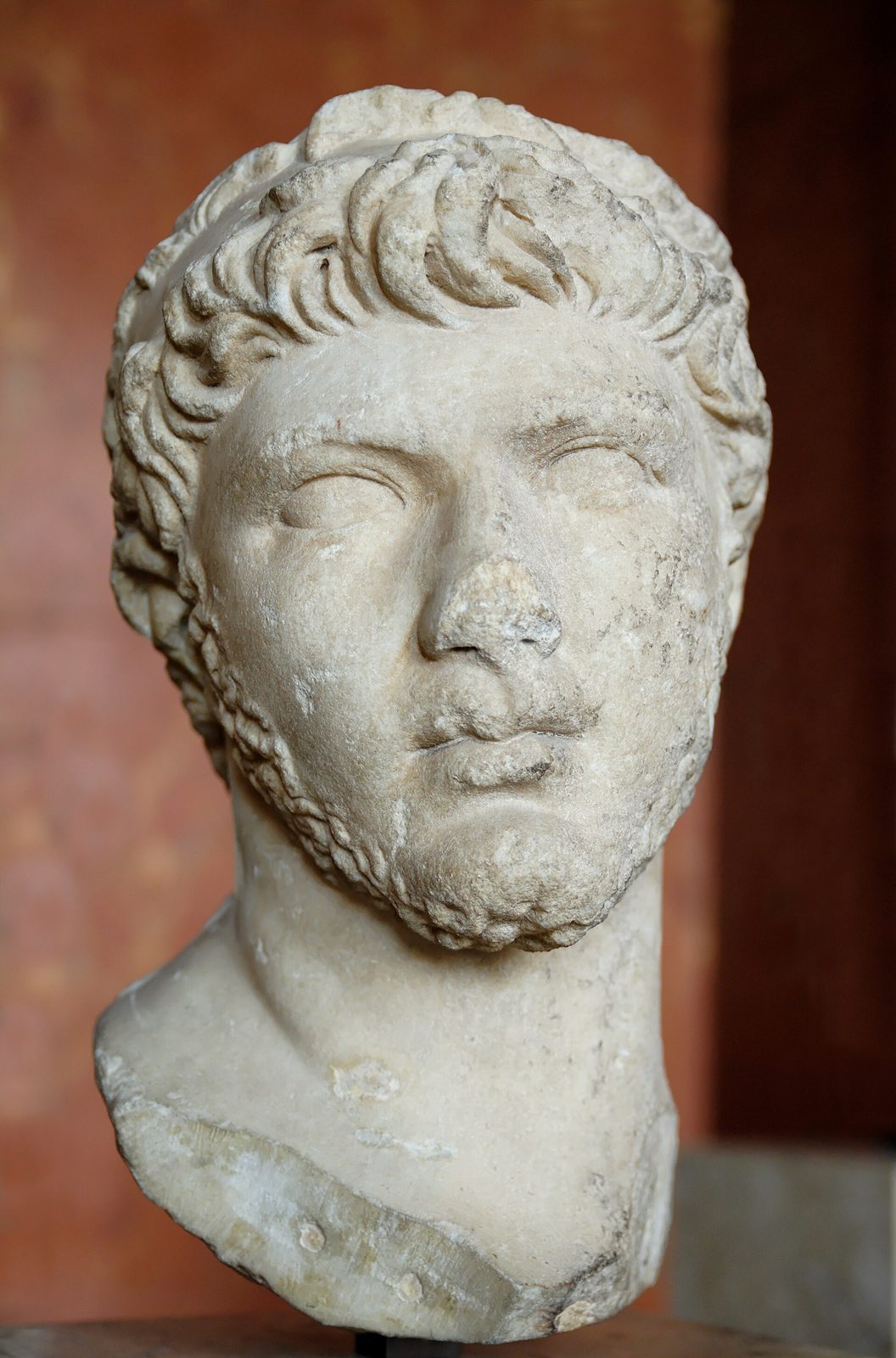 A marble portrait head of a bearded young man with curly hair.